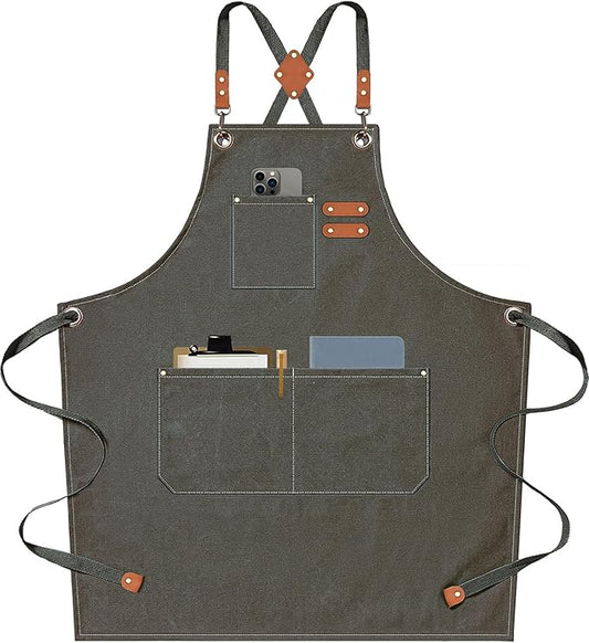 AFUN Chef Aprons for Men Women with Large Pockets, Cotton Canvas Cross Back Heavy Duty Adjustable Work Apron, Size M to XXL (Greygreen)