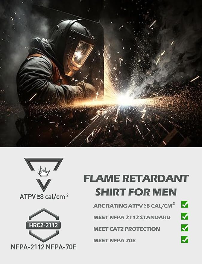 FR Shirts for Men 100% Cotton 5.5oz Lightweight NFPA2112/CAT2 Flame Resistant Shirts for Men Long Sleeve