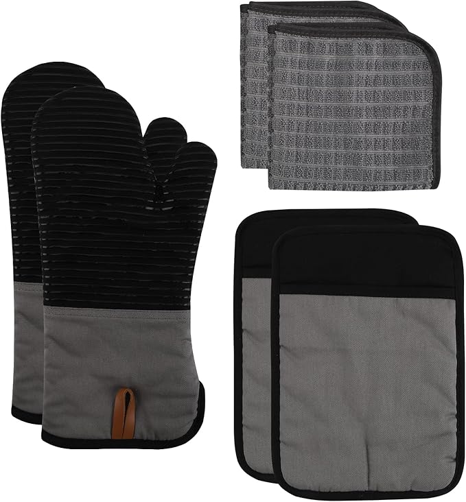 COOK WITH COLOR Silicone Oven Mitts- Heat Resistant Gloves with Soft Quilted Lining Oven Mitt Pot Holders for Cooking and BBQ, Black, Material Mitt Set