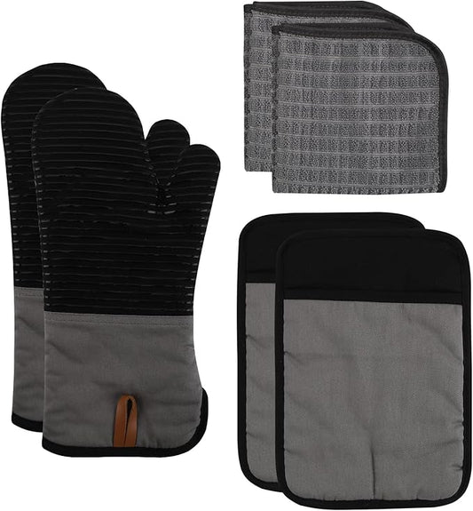COOK WITH COLOR Silicone Oven Mitts- Heat Resistant Gloves with Soft Quilted Lining Oven Mitt Pot Holders for Cooking and BBQ, Black, Material Mitt Set