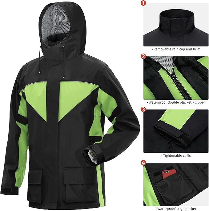 iCreek Motorcycle Rain Suit for Men and Women Waterproof Anti-storm Raincoat High Visibility Rain Gear