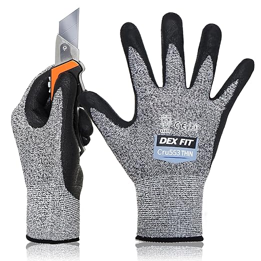 DEX FIT A5 Precision Cut Resistant Gloves Cru553 Thin - 3 Pairs, Firm Grip, 3D-Comfort Fit, Lightweight & Durable, Nitrile Anti-Slip Palms,Touchscreen Compatible for Precision Assembly; Grey XL (10)