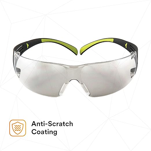 3M Safety Glasses, SecureFit, 20 Pack, ANSI Z87, Anti-Scratch Indoor/Outdoor (I/O) Mirror Lens, Green/Black Frame, Flexible Temples