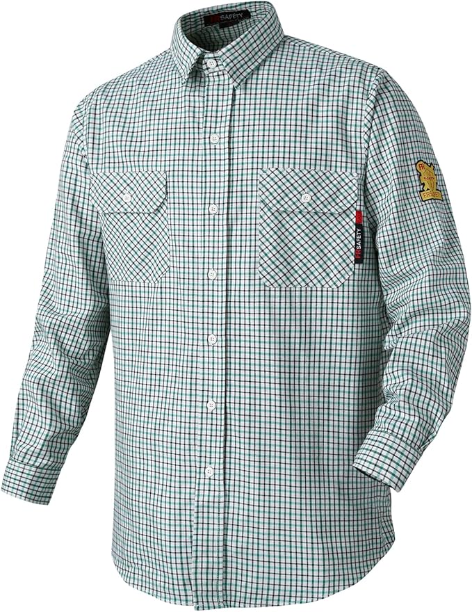 FR Shirts for Men 7oz Fire Resistant Shirts NFPA CAT2 Welding Shirt 100% Cotton Flame Resistant Shirt Greens/Plaid(X-Large)