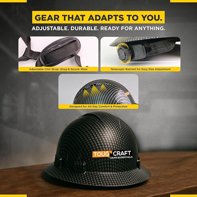 ToughCraft Full Brim Hard Hat for Men - Black Carbon Fiber Hard hat for Construction Work, Safety Helmet with Soft Padded 6 Point Adjustable Ratchet Suspension, Cascos de Construccion, Type I Class C