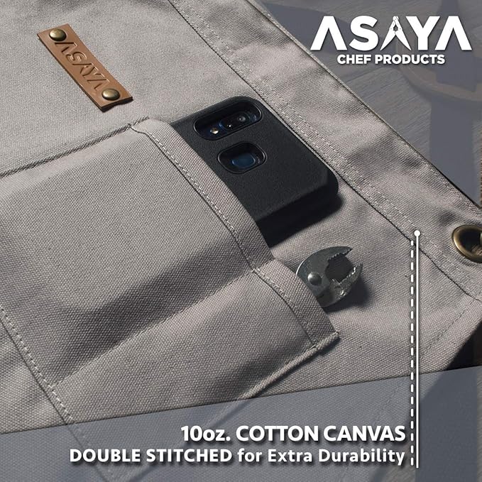 Asaya Chef and BBQ Apron with Bottle Opener and Hand Towel - 10oz Cotton Canvas, Stainless Steel Hardware - Cross Back Straps