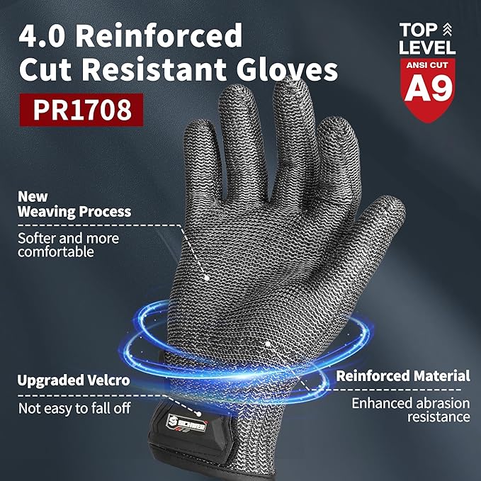 Schwer Ultimate Cut Resistant Gloves Beyond ANSI A9, Reinforced Stainless Steel Glove, Food Grade Mesh Metal Gloves for Butcher Meat Cutting, Oyster Shucking, Mandoline, Non-PFAS, PR1708 (M, 1 Pcs)