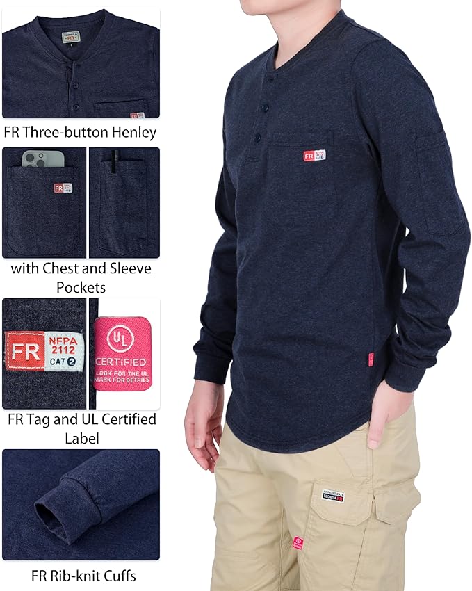 TICOMELA FR Shirts for Men Heather Series 6oz Flame Resistant T Shirt NFPA2112 CAT2 Fire Retardant Henley Shirts
