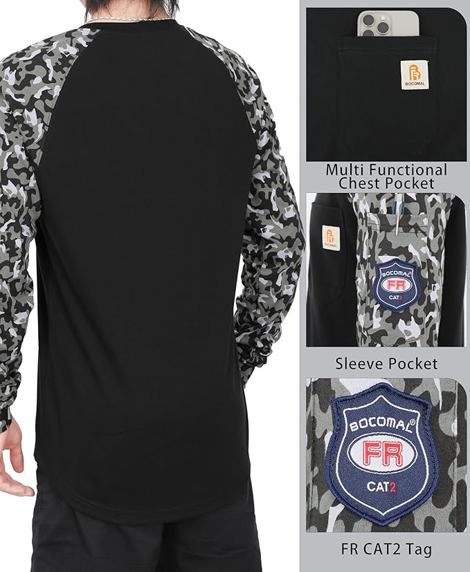 BOCOMAL FR Shirts for Men 5.5oz Lightweight Long Sleeve Work Henley Fire Resistant Shirt CAT2