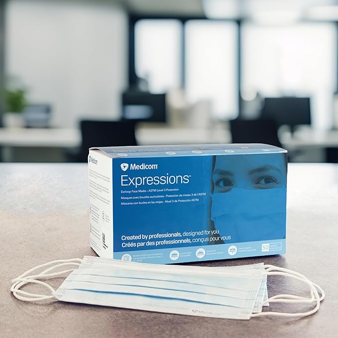 Medicom Expressions Disposable Face Masks - Box of 50 ASTM Level 3 Surgical Masks - 3 Layer Medical Masks Made in Canada - Blue Adult Masks