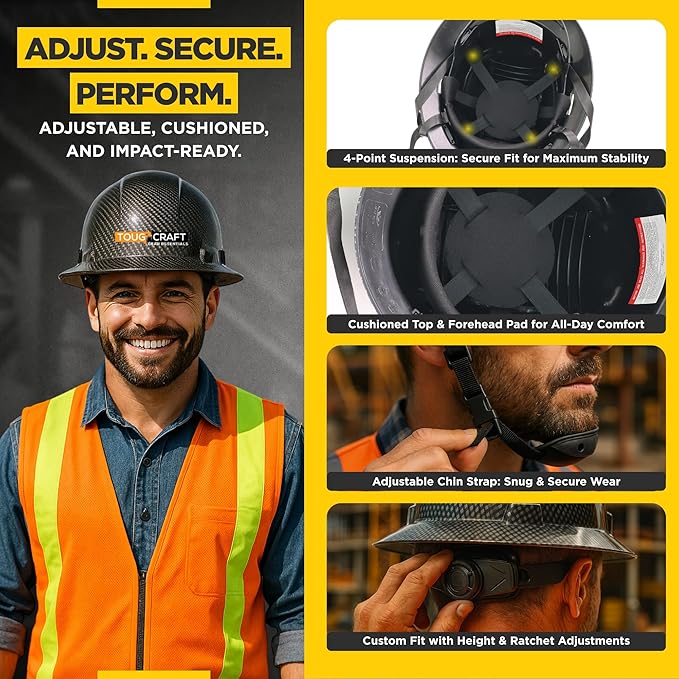 ToughCraft Full Brim Hard Hat for Men - Black Carbon Fiber Hard hat for Construction Work, Safety Helmet with Soft Padded 6 Point Adjustable Ratchet Suspension, Cascos de Construccion, Type I Class C