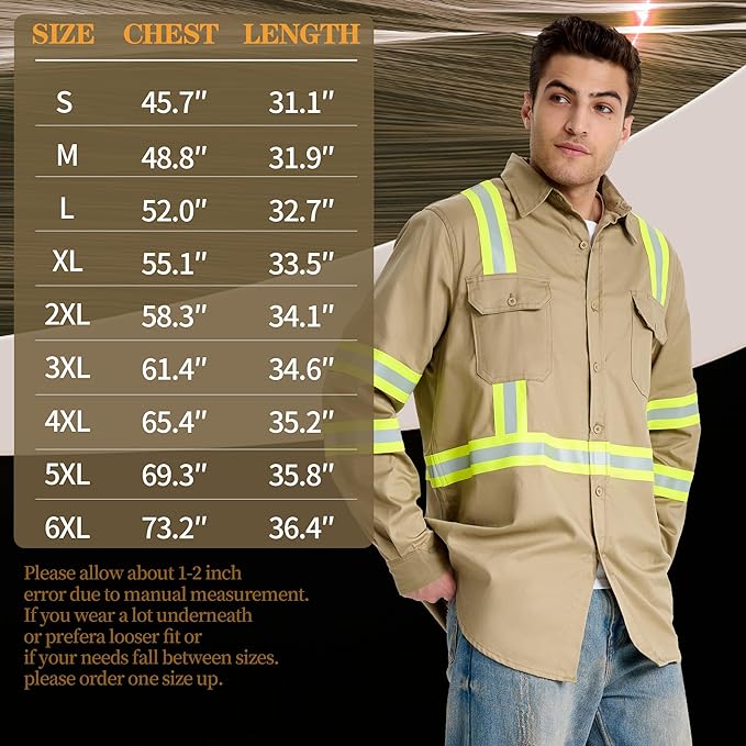SRsafety Hi Vis FR Work Shirts,7.0oz Long Sleeve Flame Resistant Shirts for Men,100% Cotton High Visibility Fire Shirt