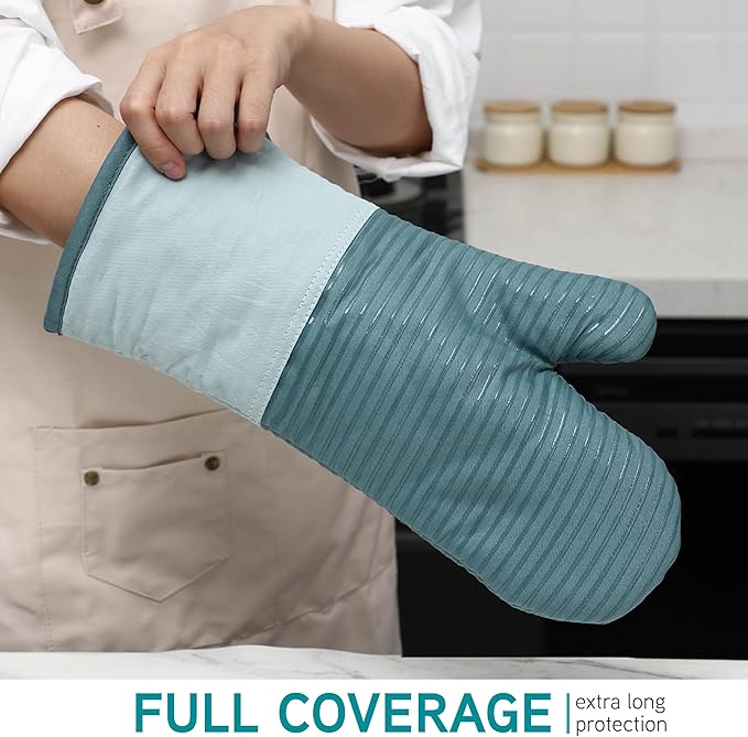 COOK WITH COLOR Silicone Oven Mitts- Heat Resistant Gloves with Soft Quilted Lining Oven Mitt Pot Holders for Cooking and BBQ, Mint, Material Mitt Set