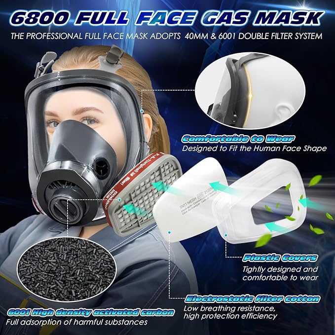 Full Face Gas Masks Survival Nuclear and Chemical, Reusable Full Face Respirator Gas Mask with Activated Carbon Filter