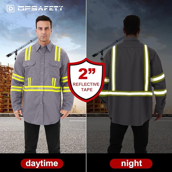 FR Shirts for Men 7oz High Visibility Fire Resistant Shirts NFPA CAT2 Welding Shirt 100% Cotton Hi Vis Flame Resistant Shirt Light Gray(2X-Large)
