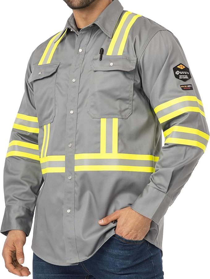 JKSafety 7oz FR Shirts for Men Women NFPA 70E 2112 ARC 2 Fire Resistant Welding Shirts FRC Long Sleeve Safety Workwear