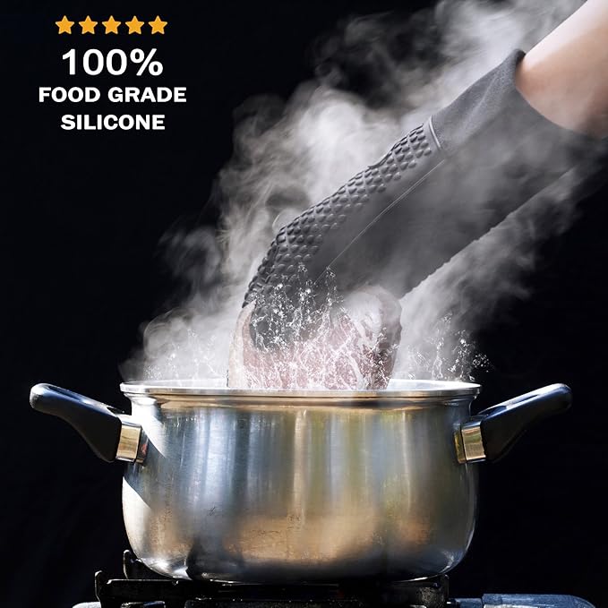 Silicone Cooking Gloves, Grilling Gloves, Heat Resistant Gloves BBQ Kitchen Silicone Oven Mitts, Long Waterproof Non-Slip Potholder for Barbecue, Cooking, Baking