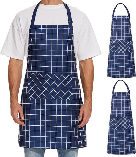 Will Well Kitchen Apron for Men and Women - 33" x 27" Oil-and-Water-Resistant with Adjustable Neck Strap and 38" Waist Ties for a Snug Fit, Lightweight with 2 Front Pockets - 2-Pack, Navy Checkered