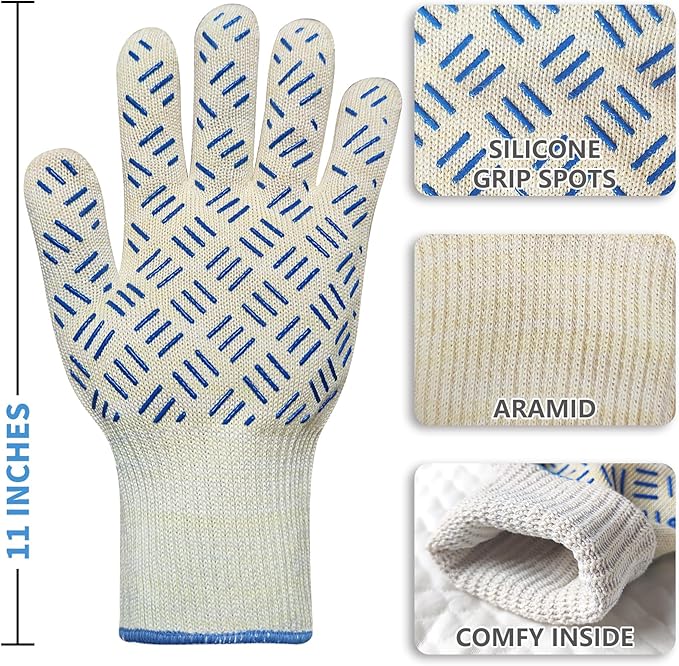 Heat Resistant Oven Gloves with Fingers, 932°F Extreme Heat Proof BBQ Mitts - Non-Slip Dots for Grilling, Baking, Cooking & Commercial Use