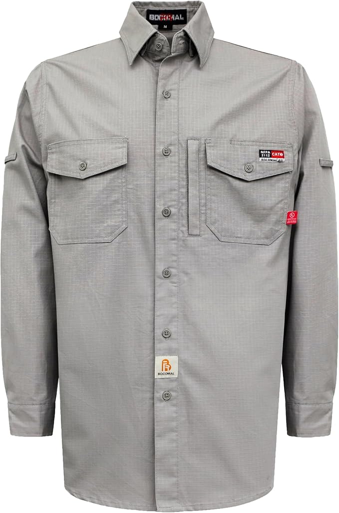 BOCOMAL FR Shirts 6oz Ripstop Durable Rugged Zipper Pocket Water Repellent Finish Fire Resistant Shirt-CAT2