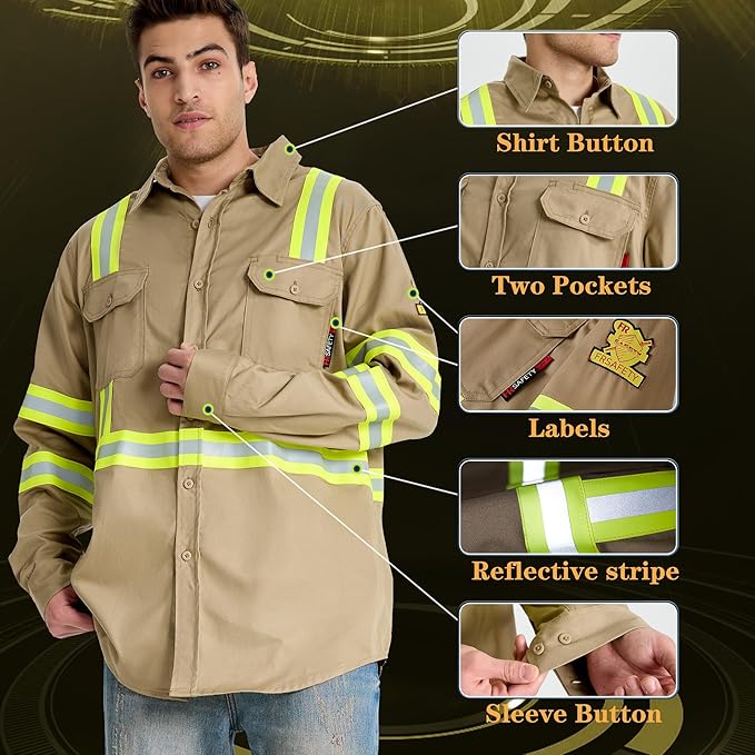 SRsafety Hi Vis FR Work Shirts,7.0oz Long Sleeve Flame Resistant Shirts for Men,100% Cotton High Visibility Fire Shirt