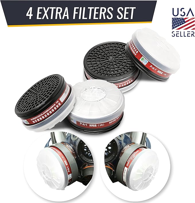 Replaceable Filter Cartridges Set - P-A-1 LDY3 Dual Respirator Filters - Fits Full Face Masks 80mm - 4 Carbon Filter Cartridges, 4 Cotton Filters, 4 Filter Covers. (4 Sets)