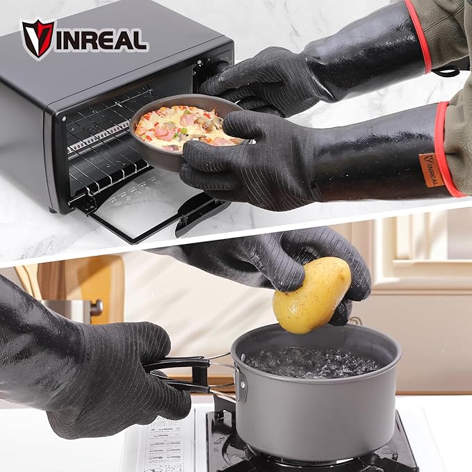 932°F Extreme Heat Resistant BBQ Grill Gloves – Waterproof, Oil Resistant Neoprene Coating, Long Sleeve 14-Inch Cooking Gloves for Grilling, Fryer, Baking, Oven, Smoker, Fireproof Kitchen Mitts