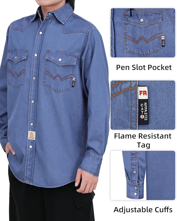 BOCOMAL FR Shirts Washed Denim EX Soft Midweight Smooth Fit Pearl Snaps Down Durable Flame Resistant Work Clothing