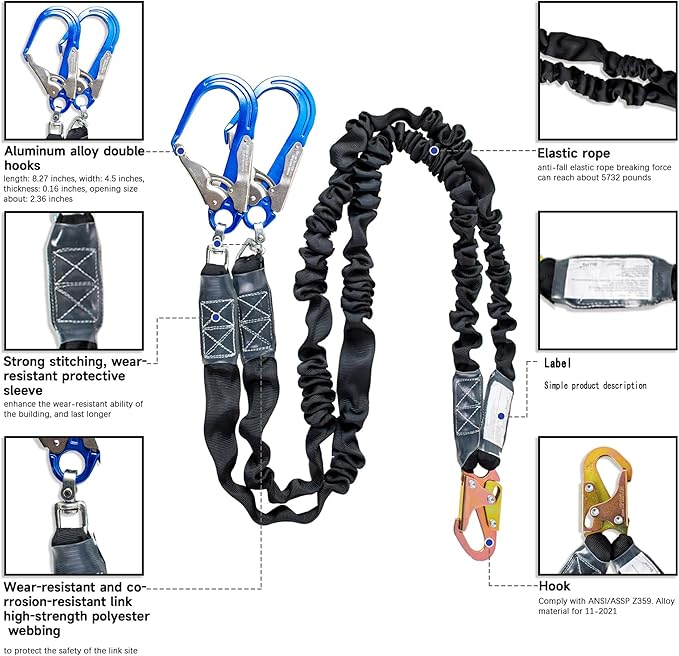 6ft Safety Lanyard Double Leg Internal Shock Absorbing Safety Fall Protection Lanyard with Rope Harness Safety Lanyard Dual Rebar & Snap Hook Roofer Fall Protection Equipment（Aluminium Alloy）