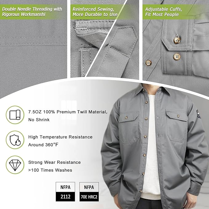 FR Shirts for Men 7.5oz Welding Shirt, 100% C Flame Resistant Welding Jacket, Men's Fire Retardant FR Clothing for Men, Durable Welding Gear for Safety Work, Meets NFPA2112, Grey-ZRND 5XL