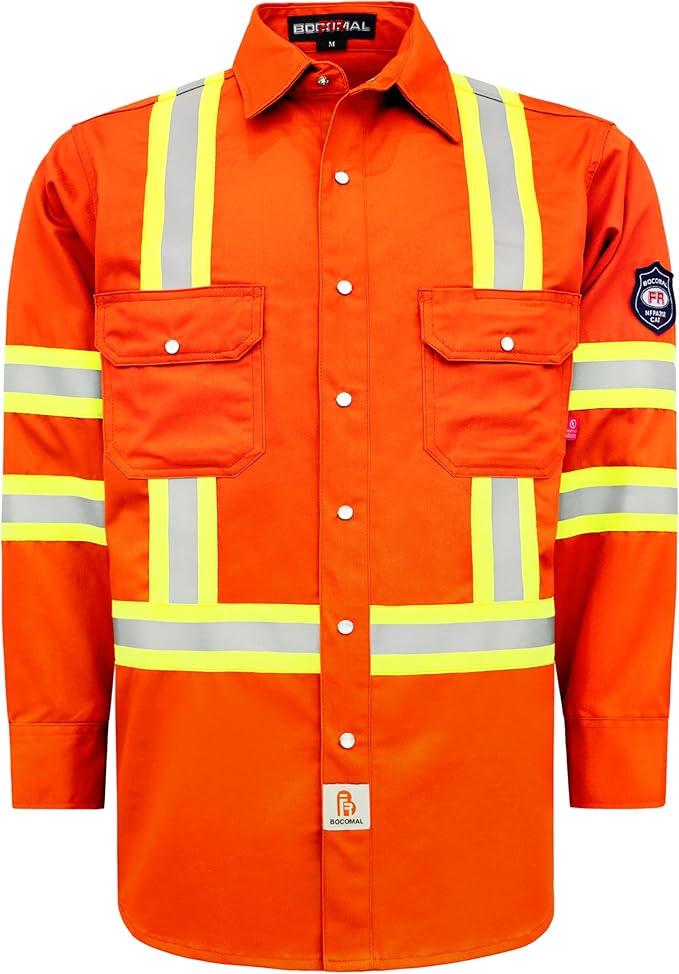 BOCOMAL FR Shirts High Visibility/Hi Vis Flame Resistant/Fire Retardant Shirt 7.5oz Men's Reflective Shirts