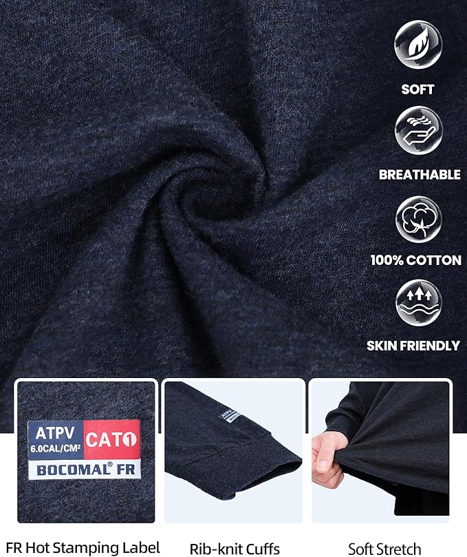 BOCOMAL FR Shirts for Summer Vented Mesh Loose Fit 4oz EX Lightweight Flame Resistant Base Layer CAT1 Crew Shirt