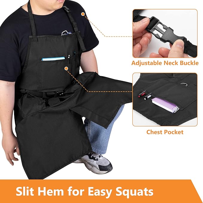 Large BBQ Grilling Apron, Cooking Apron for Men with Pockets & Slit Hem, Kitchen Apron with Adjustable Neck Strap for Men & Women, Work Apron for Chef, Barber, Painter, Carpenter, Apron Only