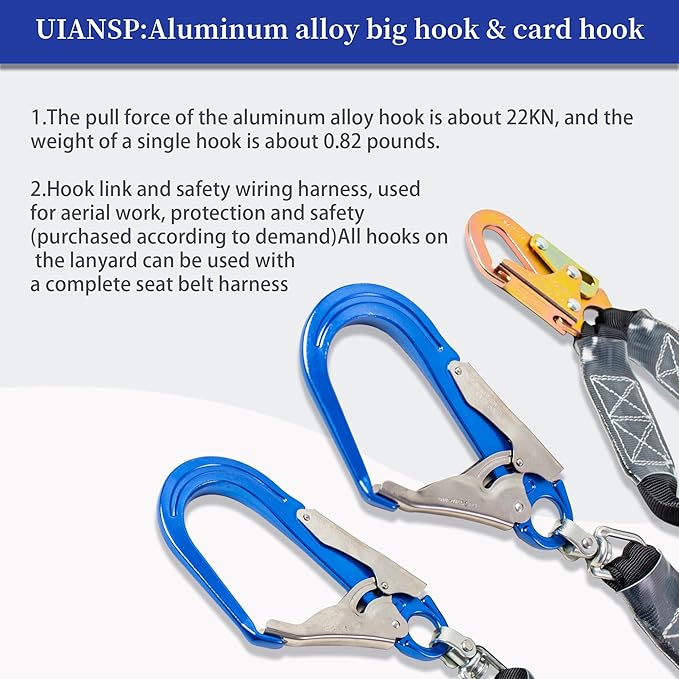 6ft Safety Lanyard Double Leg Internal Shock Absorbing Safety Fall Protection Lanyard with Rope Harness Safety Lanyard Dual Rebar & Snap Hook Roofer Fall Protection Equipment（Aluminium Alloy）