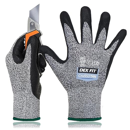 DEX FIT A5 Precision Cut Resistant Gloves Cru553 Thin - 3 Pairs, Firm Grip, 3D-Comfort Fit, Lightweight & Durable, Nitrile Anti-Slip Palms,Touchscreen Compatible for Precision Assembly; Grey M (8)