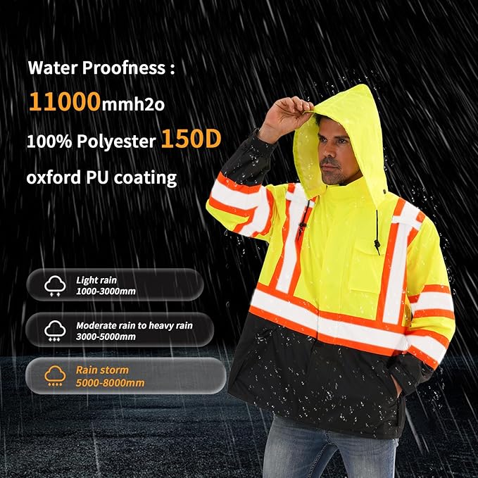 Reflective Rain jackets for men waterproof,Hi Vis Safety Coat With Reflective Strips，High Visibility Class 3 Rain jackets With 2 large pockets,Zipper,Lime,SM/MD