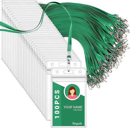 Segarty Lanyards with ID Holder, 100 Pack Vertical Badge Clear Plastic Name Tags Neck Key Card Bulk, Green Strap Clips Waterproof Ziplock Nametag Protector for Women, Business, Student, School, Office