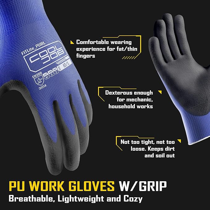 COOLJOB 12/60 Pairs Safety Work Gloves Pack Bulk with Grip PU Coating, 13 Gauge Seamless Knit Gloves with Polyurethane Dipped for Warehouse Working, Breathable Lightweight for Men Women, Blue Xlarge