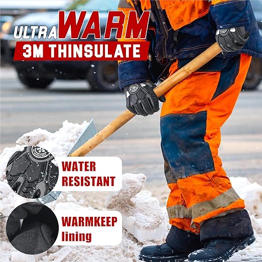 HANDLANDY Winter Water Resistant Work Gloves for Men, Insulated Heavy Duty Impact Glove for Cold Weather (Black-insulated, Large)