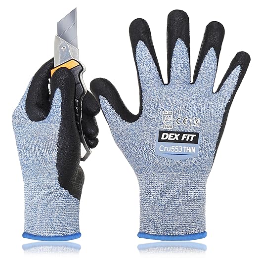 DEX FIT A5 Precision Cut Resistant Gloves Cru553 Thin - 1 Pair, Firm Grip, 3D-Comfort Fit, Lightweight & Durable, Nitrile Anti-Slip Palms,Touchscreen Compatible for Precision Assembly; Blue L (9)