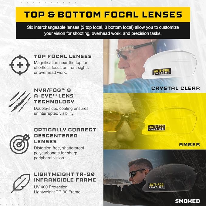 SSP Eyewear Top Focal Ultra Tactical Safety Glasses Kit, 6 HD A-Eye NVR/fog Upper and Bottom Bifocal Lenses, 2.50 Magnifaction