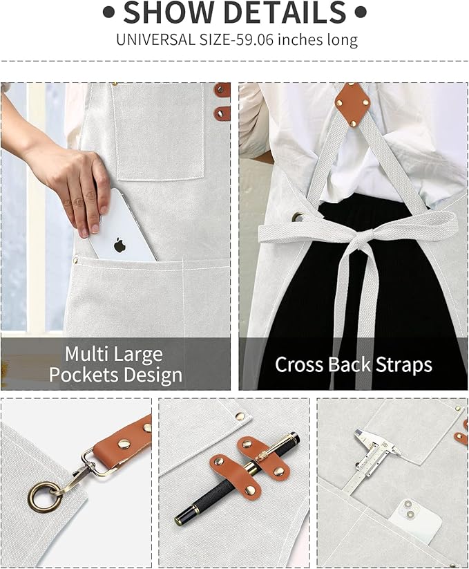 White Chef Aprons for Men Women with Large Pockets,Cotton Canvas Cross Back Apron,Kitchen Cooking Baking Bib Heavy Duty Adjustable Work Apron