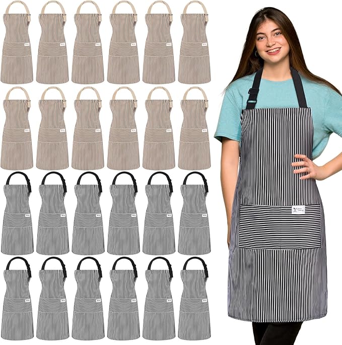 Janmercy 24 Pcs Aprons for Women Men with 2 Pockets Linen Cooking Kitchen Apron Adjustable Bib Chef Apron Bulk Aprons Unisex