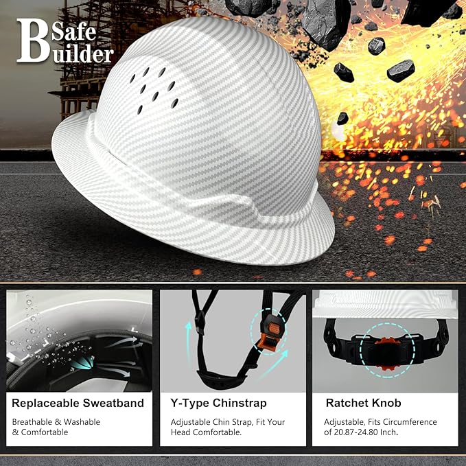 SBD-G1C Construction Full Brim Safety Helmet HDPE Hard Hat Vented Hardhats Sunshade Carbon Fiber Pattern Industrial Work Certified ANSI/ISEA Z89.1