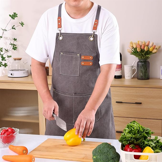Chef Apron Medium-Thick Cotton Canvas,Cross Back with Multiple Pockets Adjustable Work Apron for Men and Women (Grey)