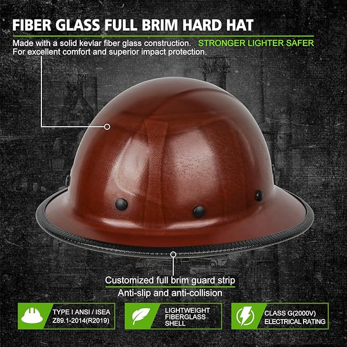 GREEN DEVIL Fiberglass Full Brim Hard Hat OSHA & ANSI Rated Fiber Hardhat for Men with Brim Guard