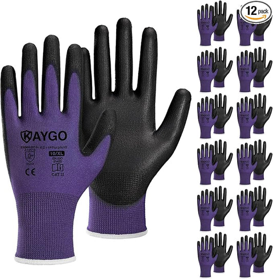 KAYGO Safety Work Gloves PU Coated,12 Pairs KG11PB Seamless Knit Glove for Men and Women, with Smooth Grip on Palm and Fingers, Ideal for General Duty Work (XL, Purple)