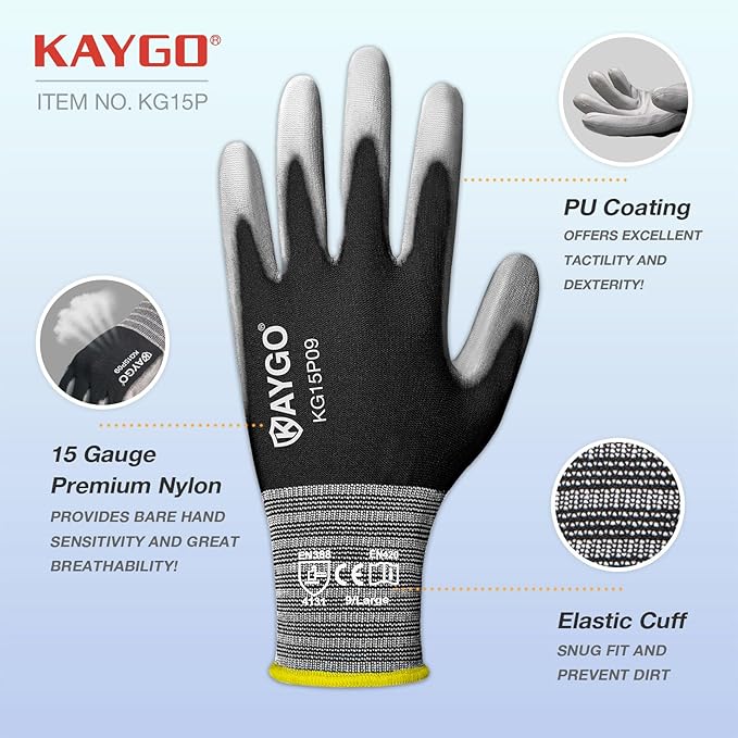 KAYGO Work Gloves PU Coated 12 Pairs, KG15P,Nylon Liner with Flexible Polyurethane Coating,Safety Work Gloves for DIY, Assembly, Warehouse, Light Duty Work (Medium, Black)