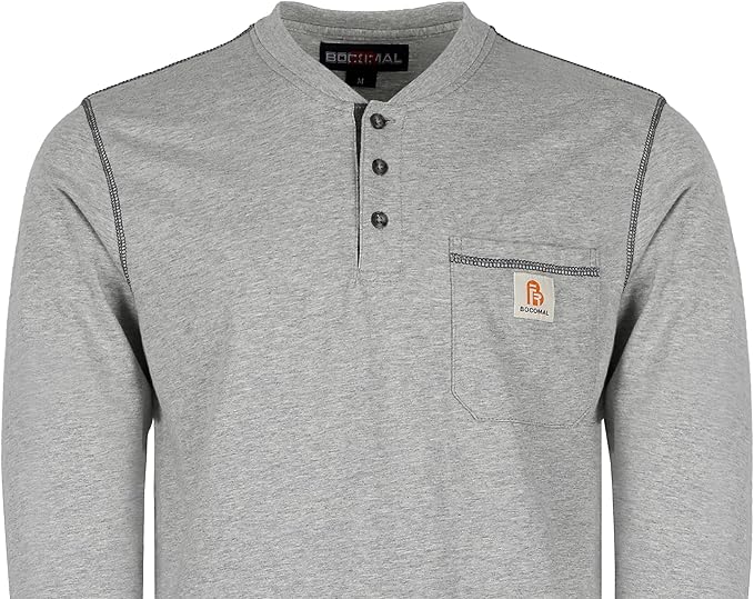 BOCOMAL FR Shirts for Men 5.5oz Lightweight Long Sleeve Work Henley Fire Resistant Shirt CAT2