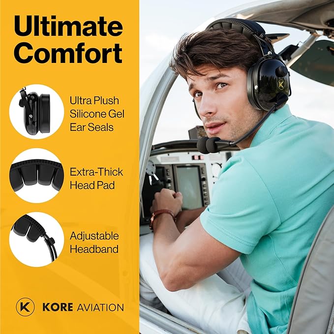 KA-1 General Aviation Headset for Pilots - Mono and Stereo Compatibility, Passive Noise Reduction, Noise Canceling Microphone, Gel Ear Seals, Adjustable Headband & Headset Bag